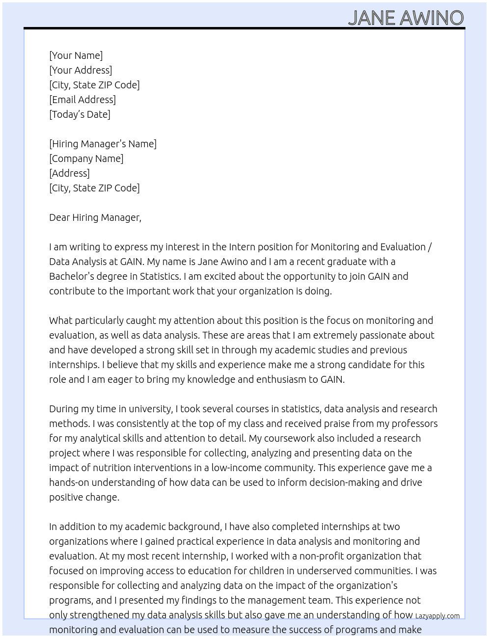 Intern, Monitoring and Evaluation / Data Analysis  At Gain Cover Letter