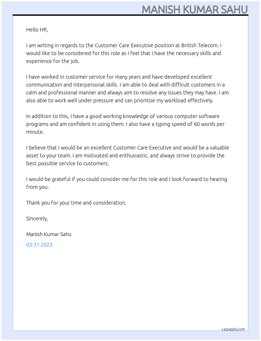 Customer Care Excutive  At British Telecom Cover Letter