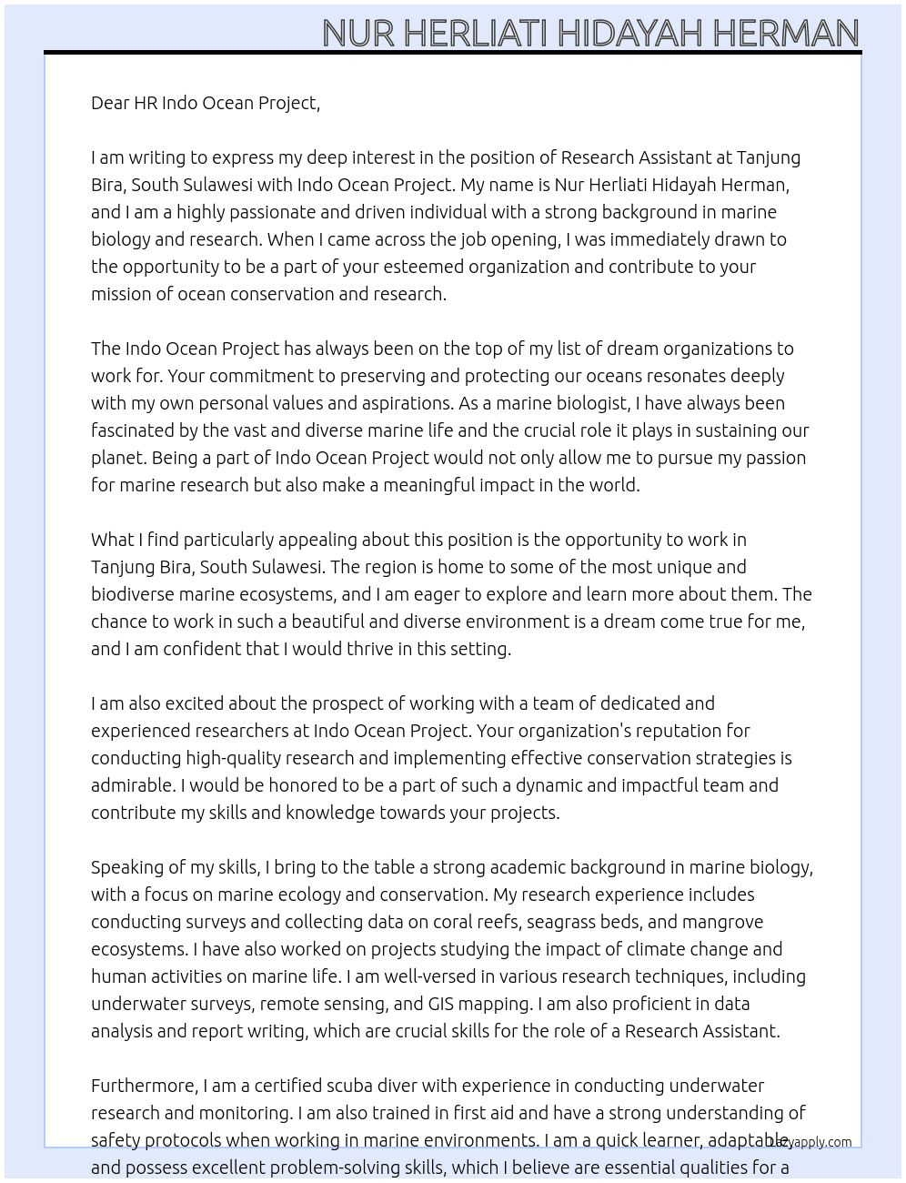 Research Assistant at tanjung Bira, South Sulawesi At Indo Ocean Project Cover Letter