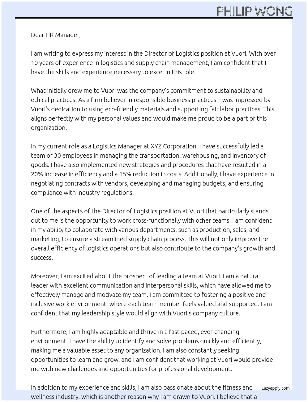 Director of Logistics At Vuori Cover Letter