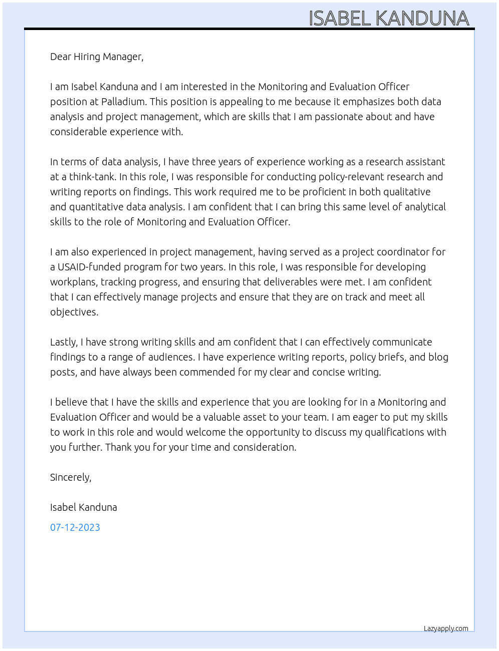 Monitoring and Evaluation Officer  At Palladium  Cover Letter