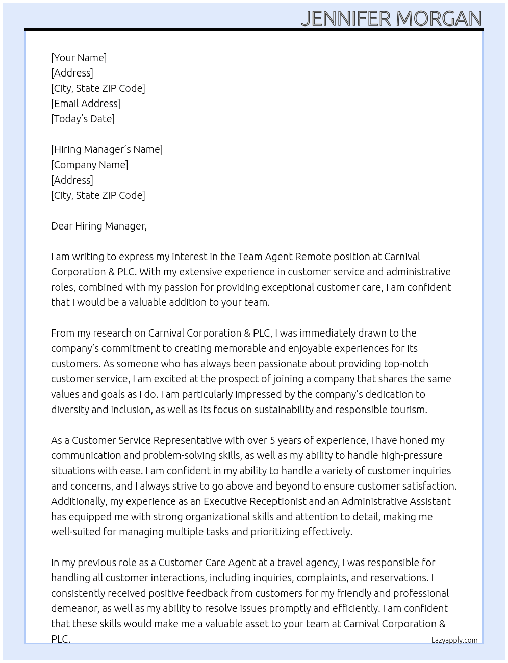 Team Agent Remote At Carnival Corporation & PLC Cover Letter