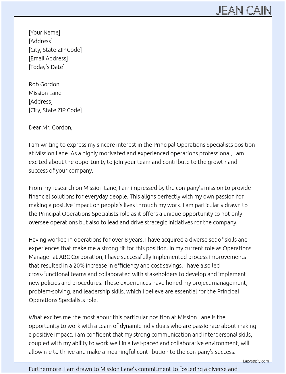 Principal Operations Specialists At Mission Lane Cover Letter