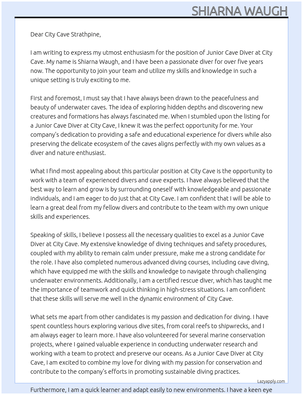 Junior Cave Diver At City Cave Cover Letter