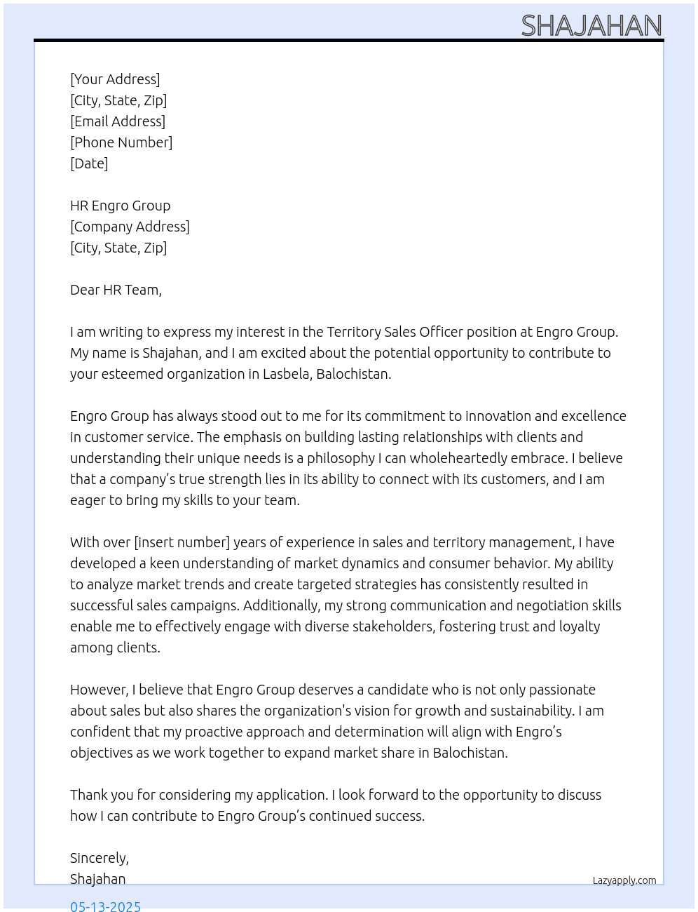 Territory Sales Officer At Engro Group Cover Letter