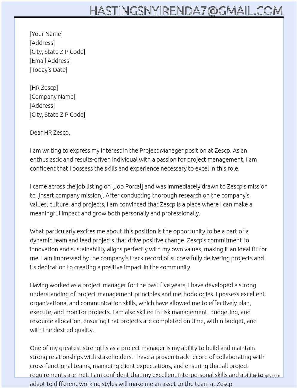 Project manager  At Zescp Cover Letter
