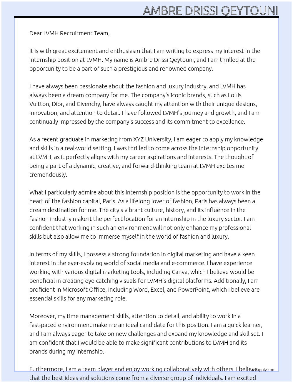 internship At LVMH Cover Letter