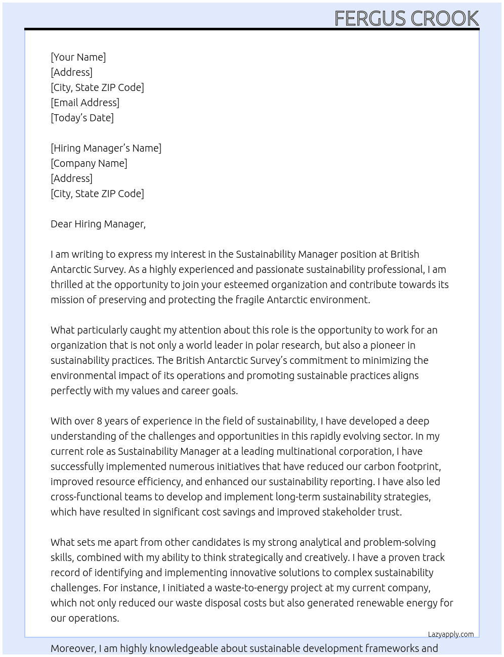 Sustainability Manager At British Antarctic Survey Cover Letter