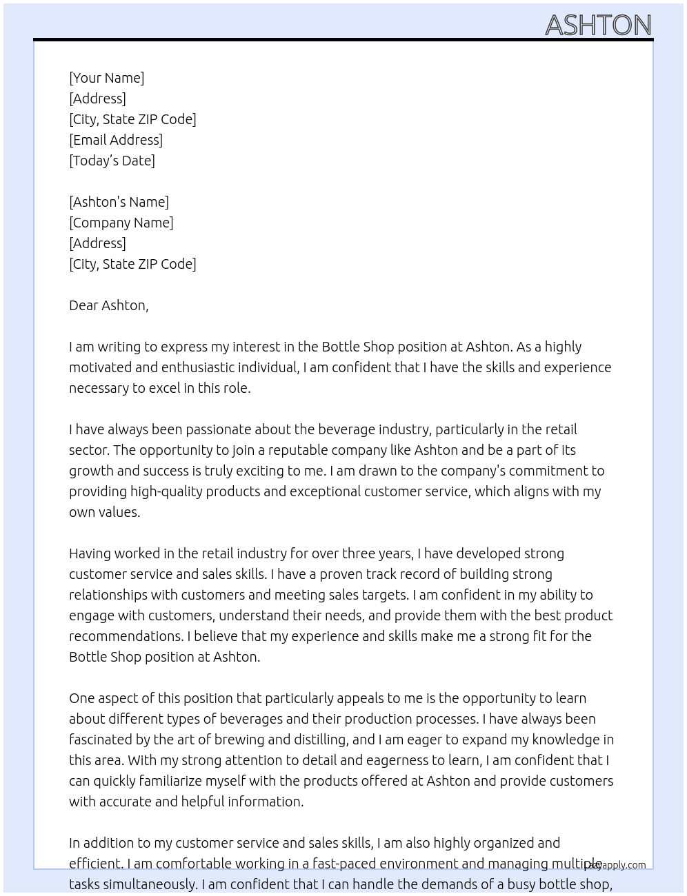 Bottle shop  At Ashton Cover Letter
