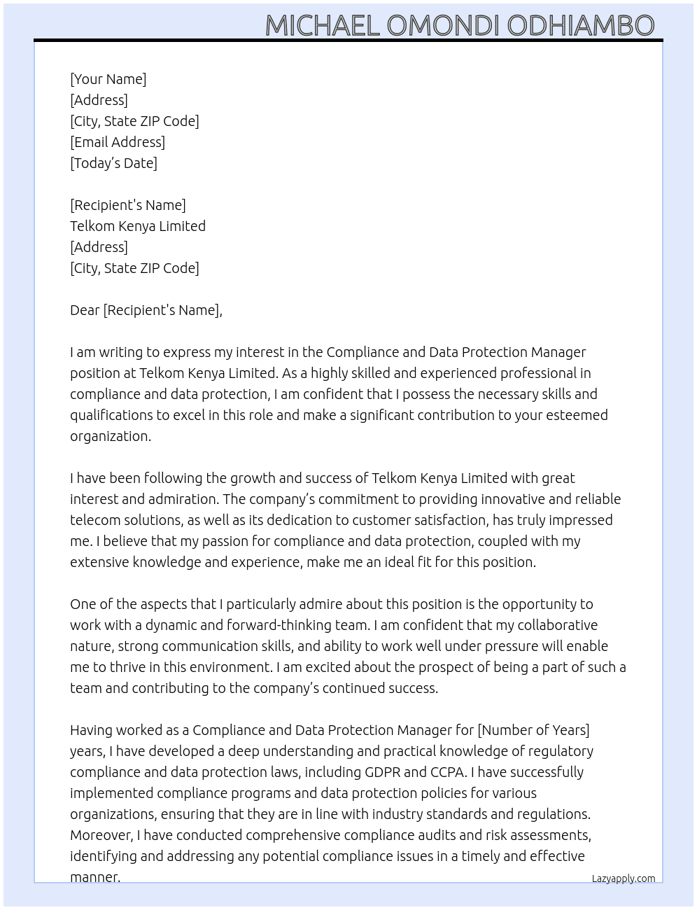 Compliance and Data Protection Manager  At Telkom Kenya Limited  Cover Letter