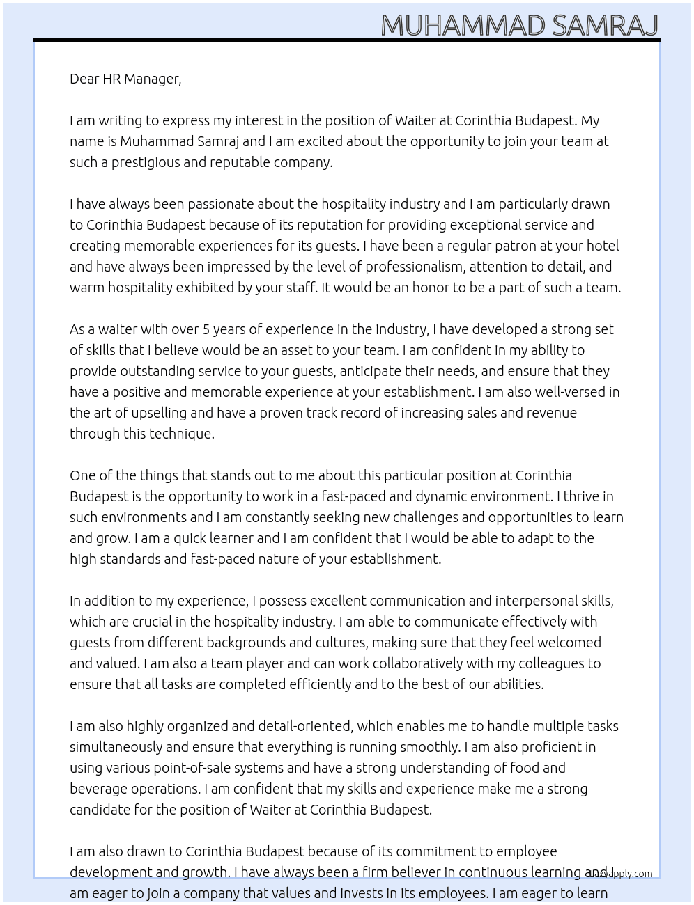 Waiter At Corinthia Budapest Cover Letter