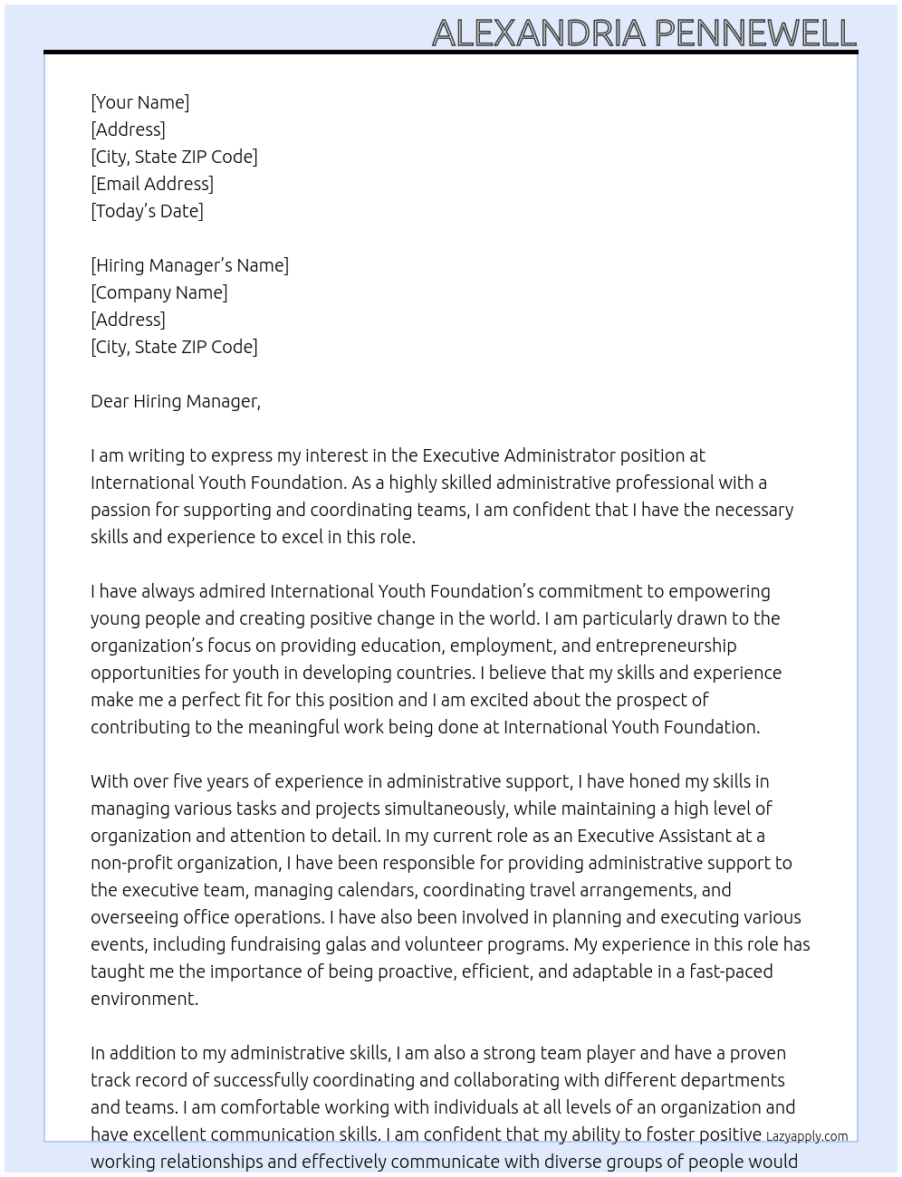 Executive Administrator At International Youth Foundation Cover Letter