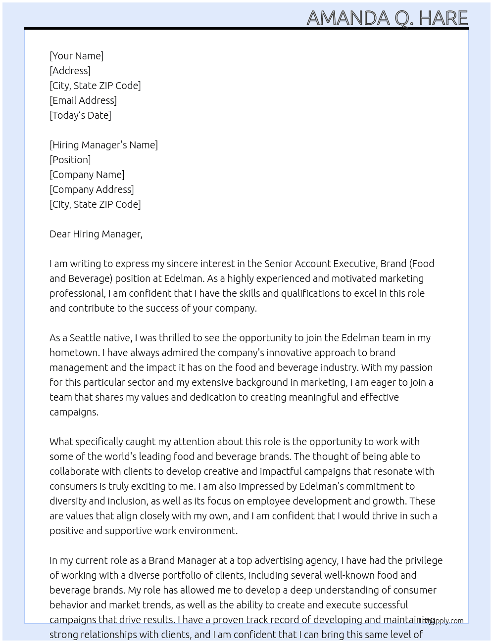 Senior Account Executive, Brand (Food and Beverage) At Edelman Cover Letter