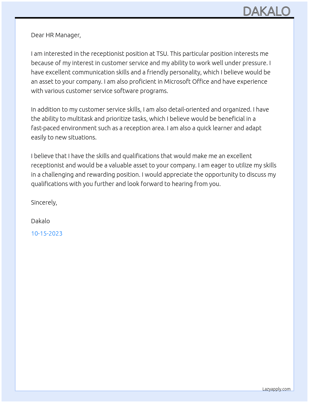 Receptionist  At TSU Cover Letter
