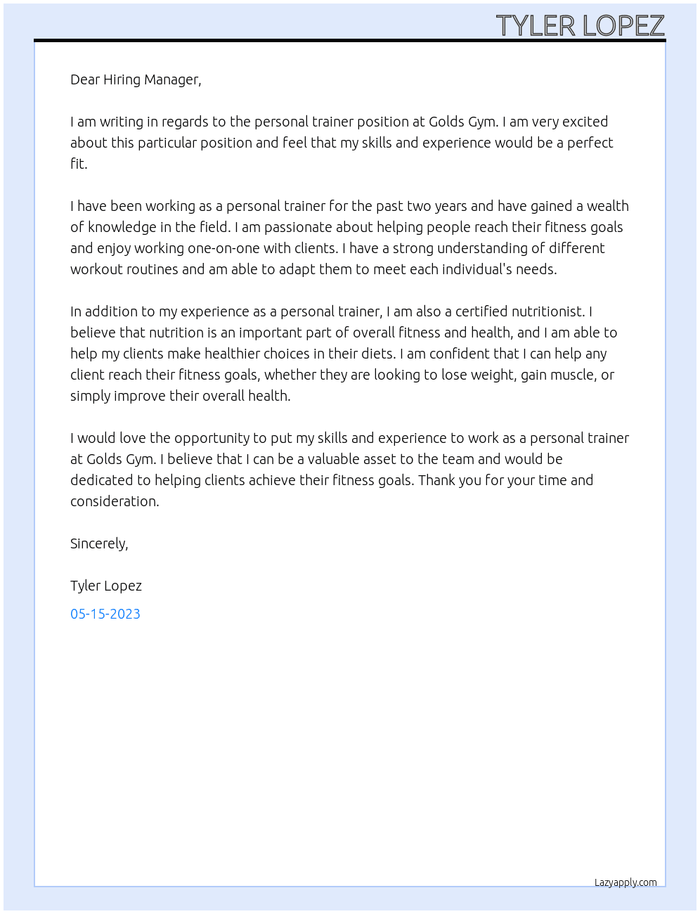 beginner personal trainer At Golds Gym Cover Letter