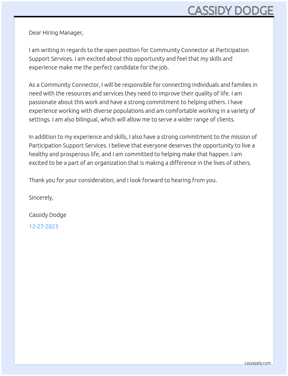 Community Connector At Participation Support Services Cover Letter