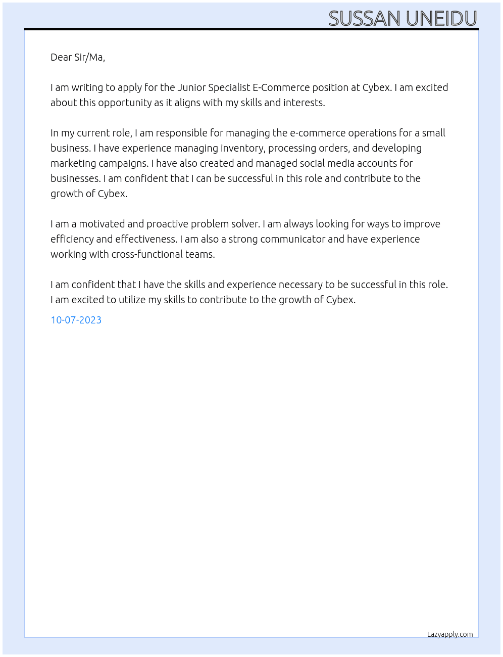 Junior Specialist E-Commerce At cybex Cover Letter