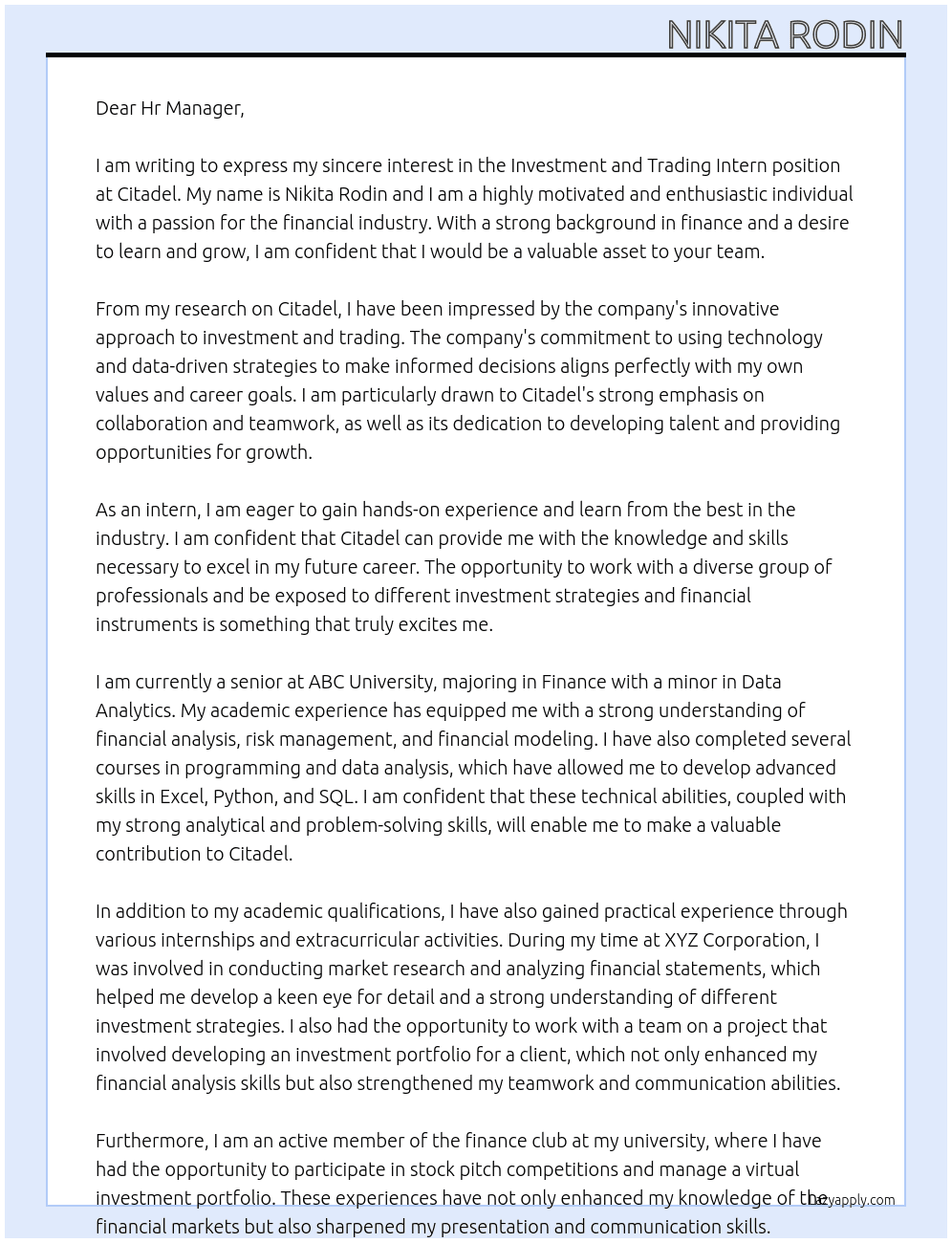 investment and trading intern At Citadel Cover Letter