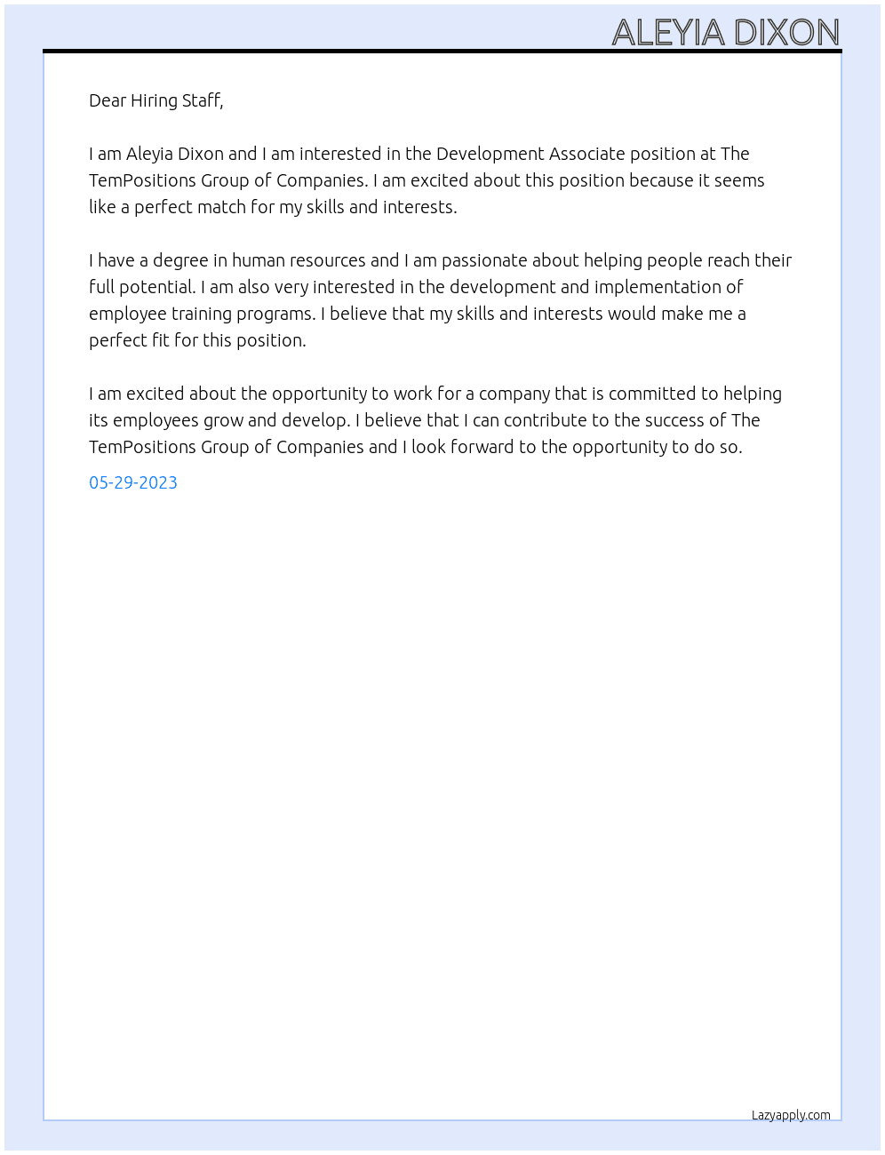 Development Associate At The TemPositions Group of Companies Cover Letter