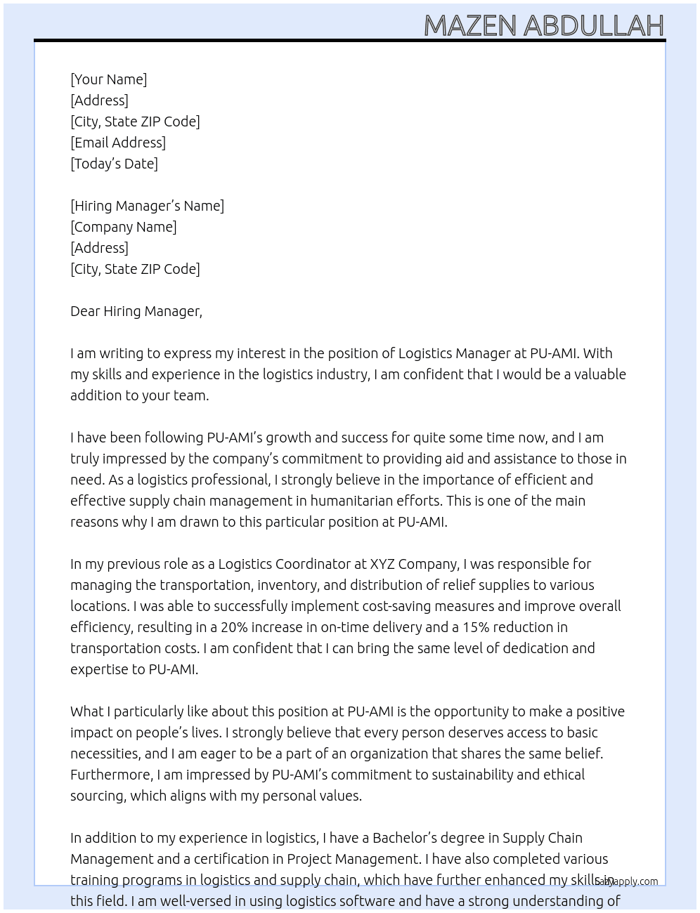 Logistics Manager At PU-AMI Cover Letter