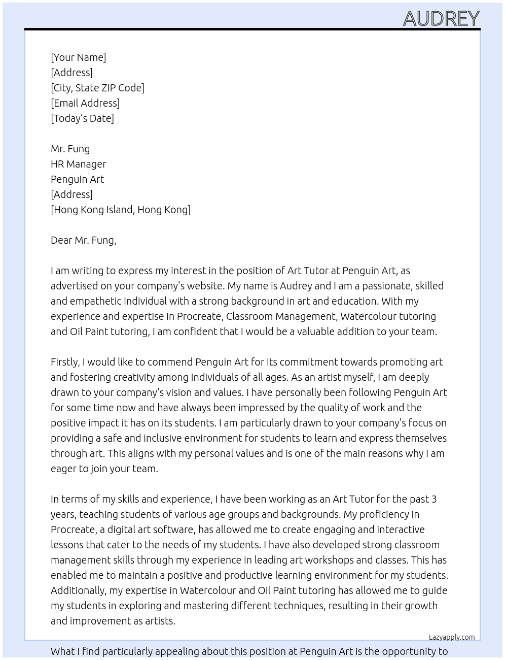Cover letter for art tutor - LazyApply