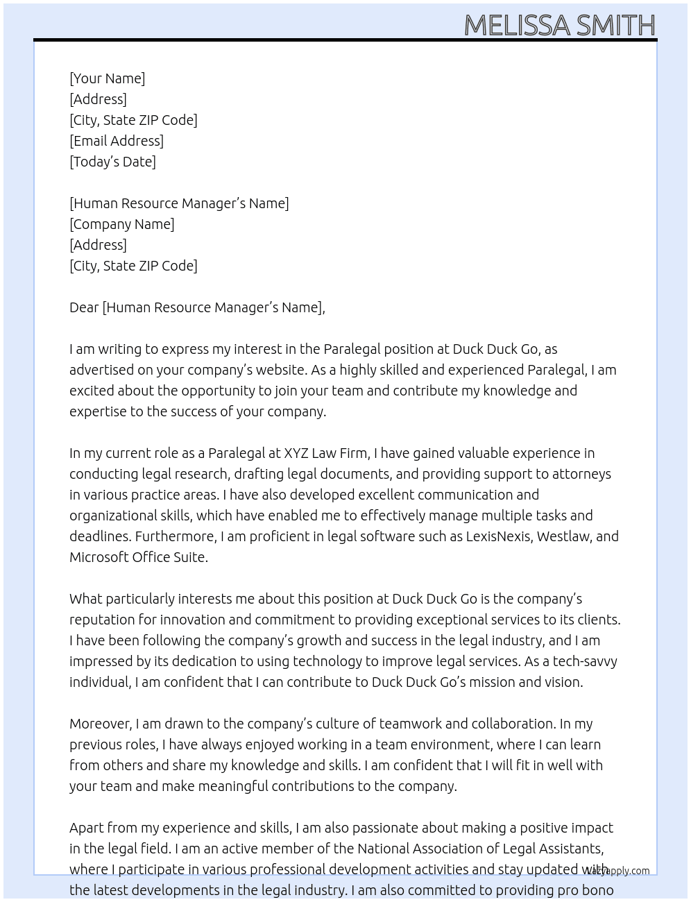 Paralega; At Duck Duck Go Cover Letter