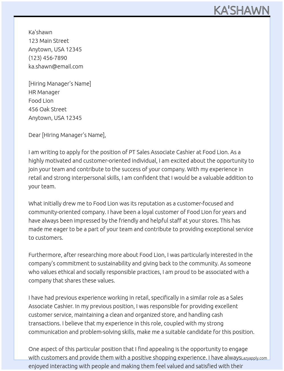 PT Sales Associate Cashier At Food lion Cover Letter