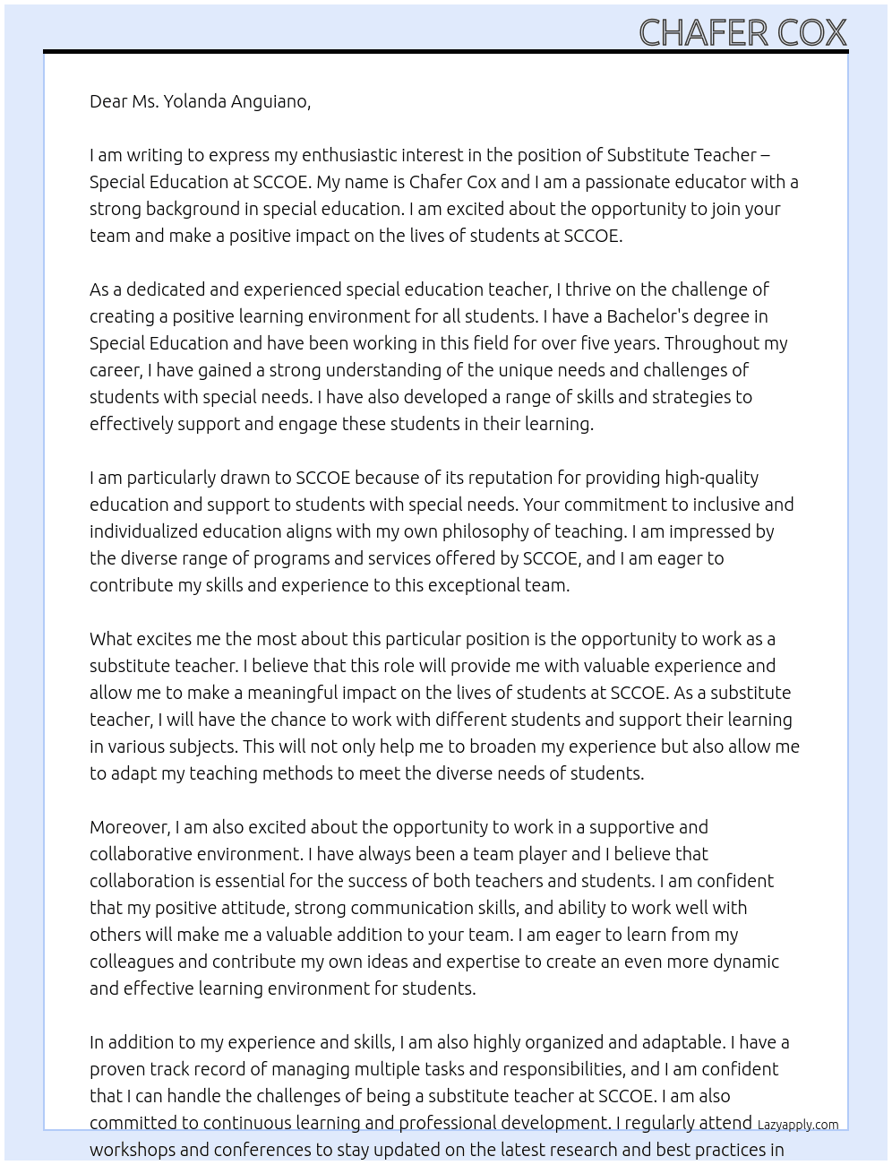  Substitute Teacher - Special Education At SCCOE Cover Letter