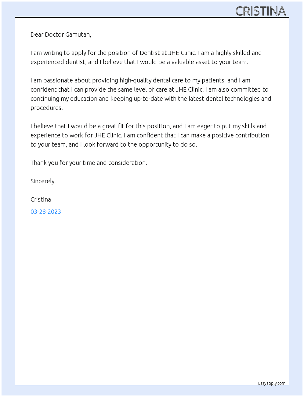 Dentist  At JHE Clinic Cover Letter