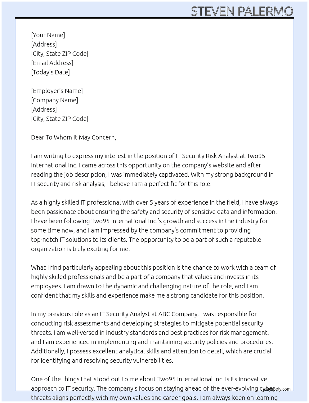 IT Security Risk Analyst  At Two95 International Inc.  Cover Letter