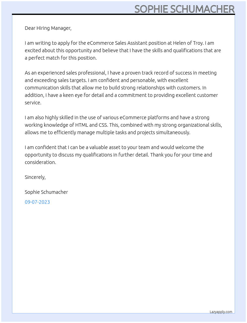eCommerce Sales Assistant At Helen of Troy Cover Letter