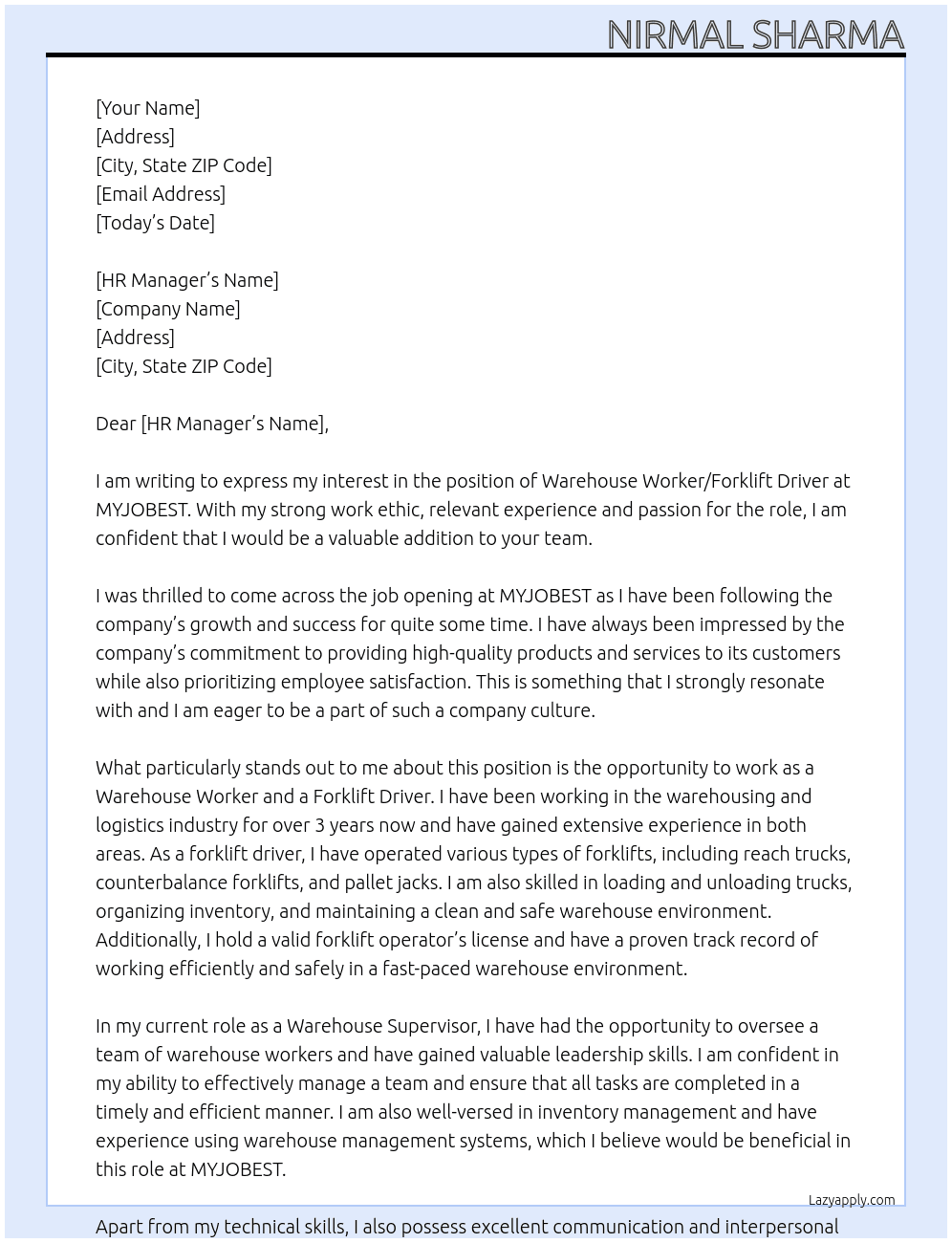 Warehouse worker / Forklift driver At MYJOBEST Cover Letter
