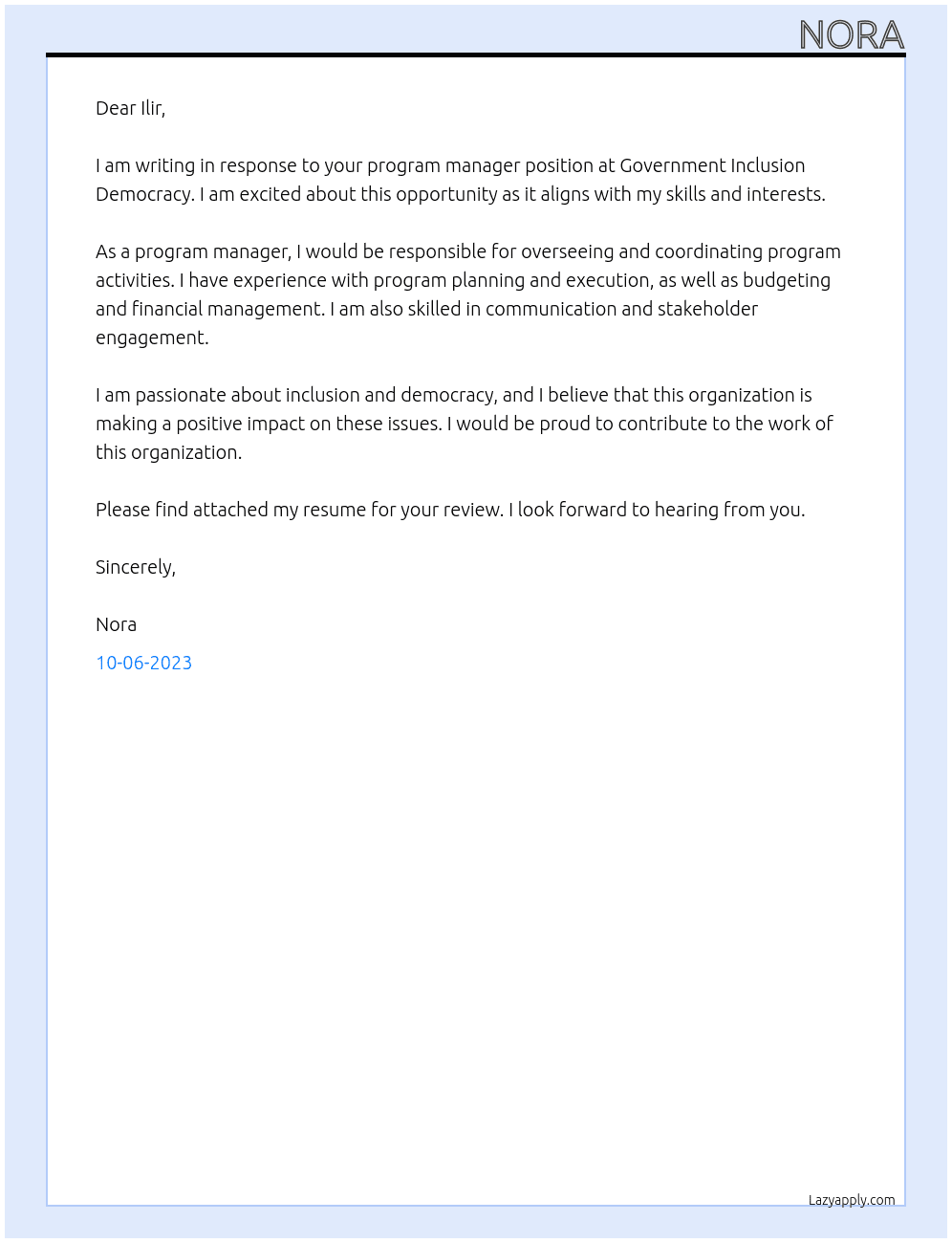 program manager At government inclusion democracy Cover Letter