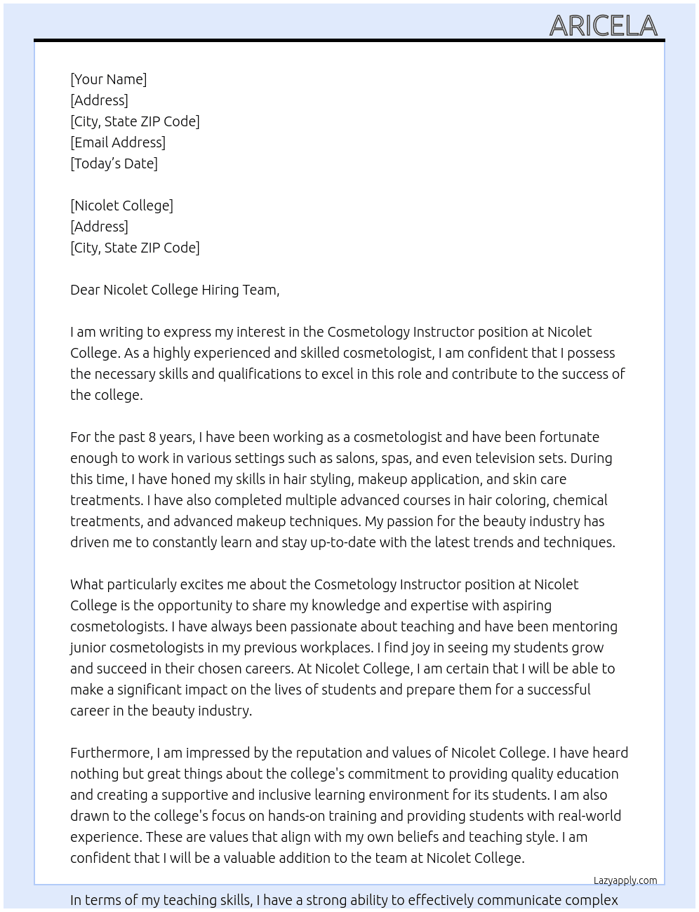 Cosmetology Instructor At Nicolet College Cover Letter