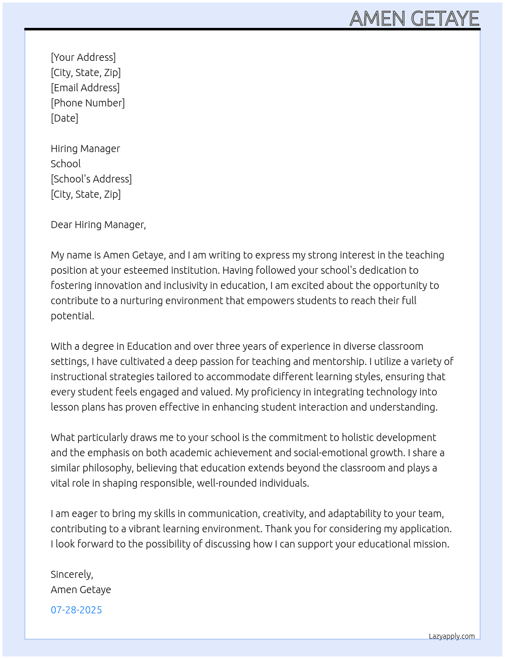teaching At school Cover Letter