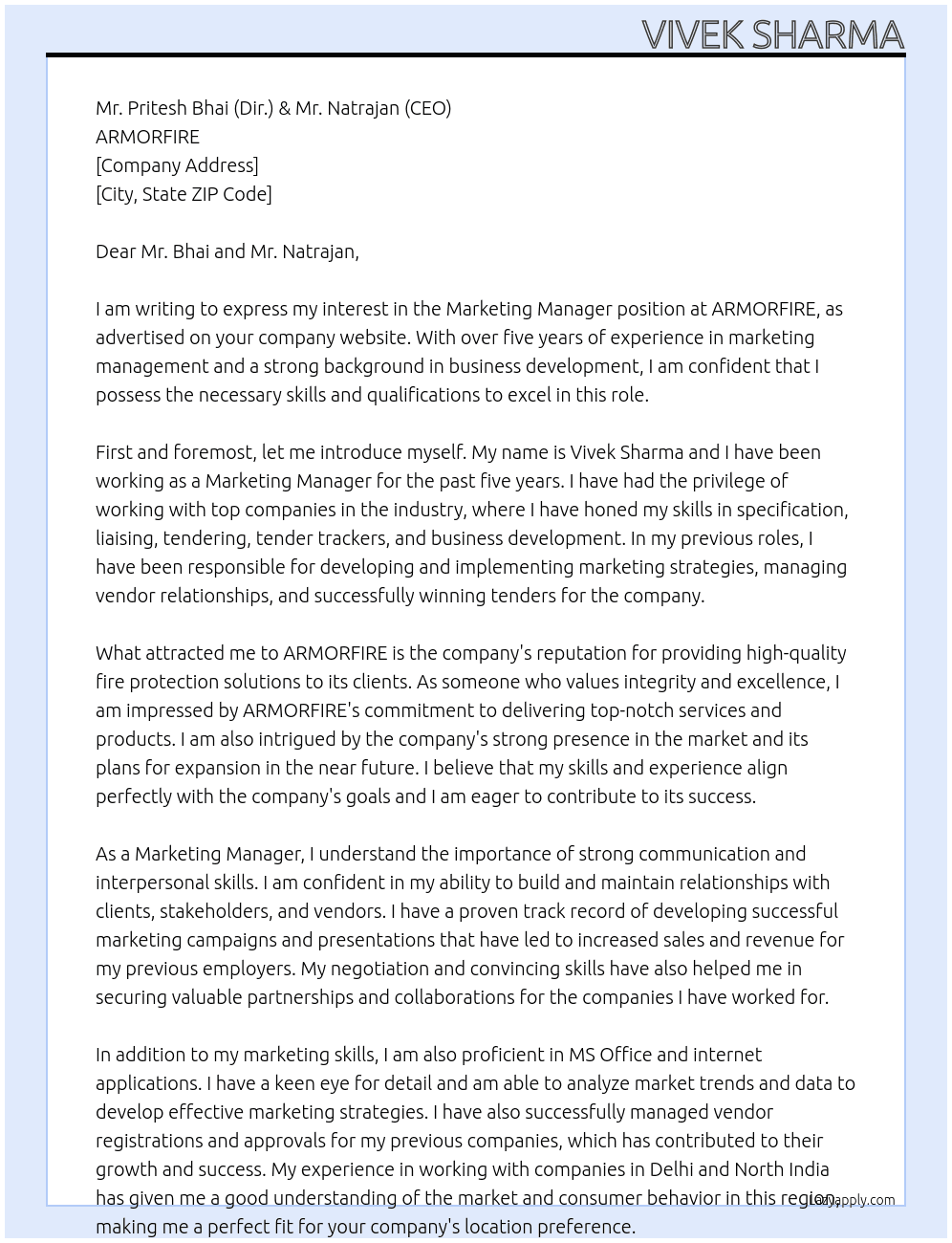 Marketing Manager At ARMORFIRE Cover Letter
