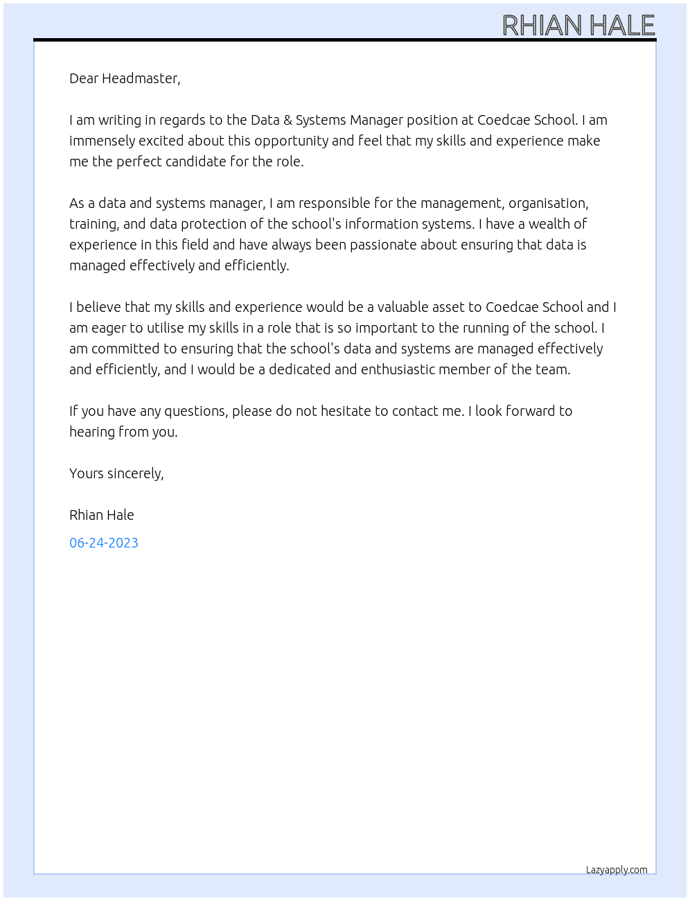 Data & Systems Manager At Coedcae School Cover Letter