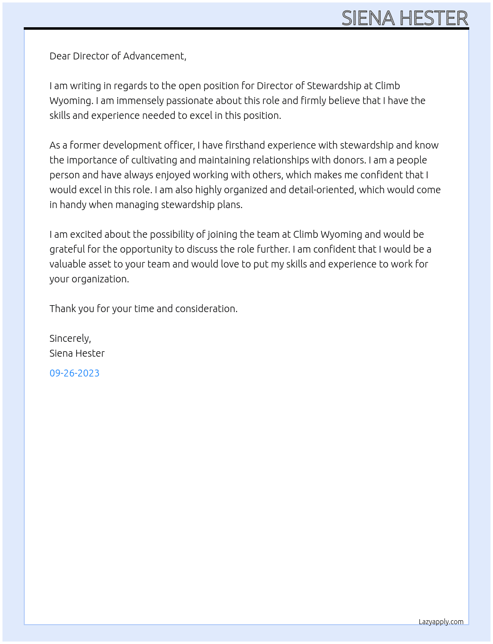 Director of Stewardship  At Climb Wyoming Cover Letter