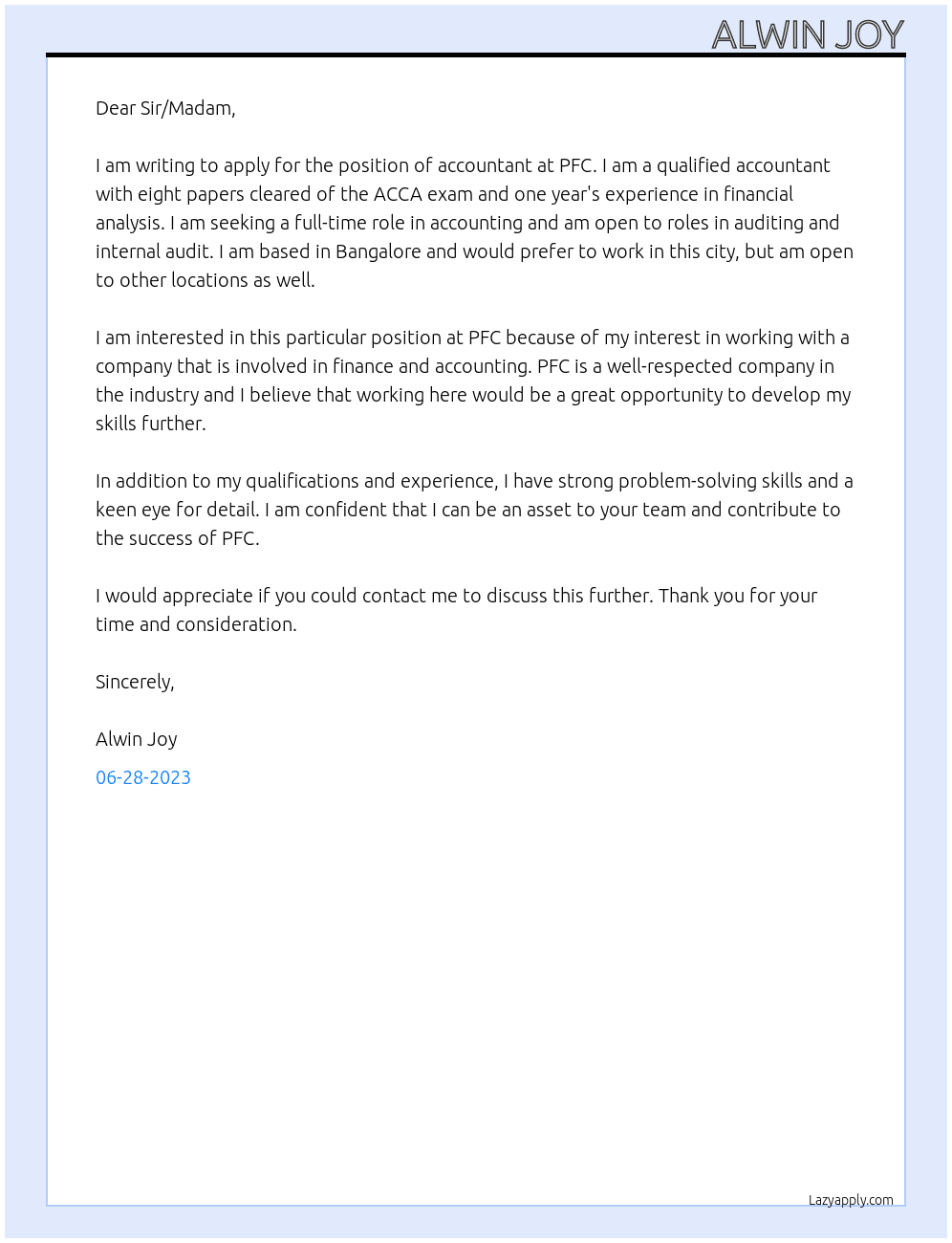 Accountant, Audit, Internal audit At PFC Cover Letter