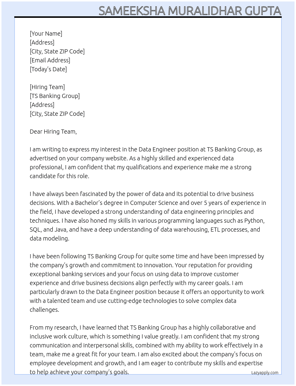 Data Engineer At TS Banking Group Cover Letter