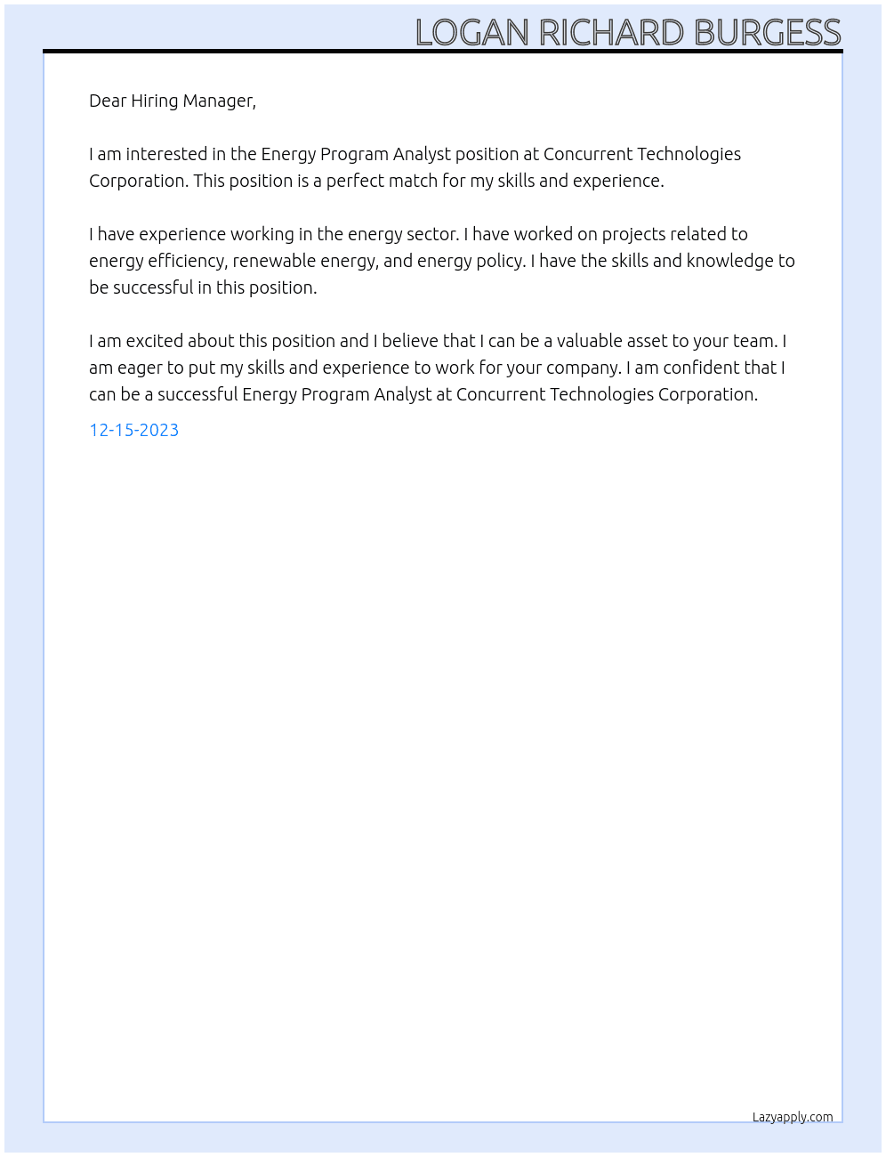 energy program analyst At Concurrent Technologies Corporation Cover Letter