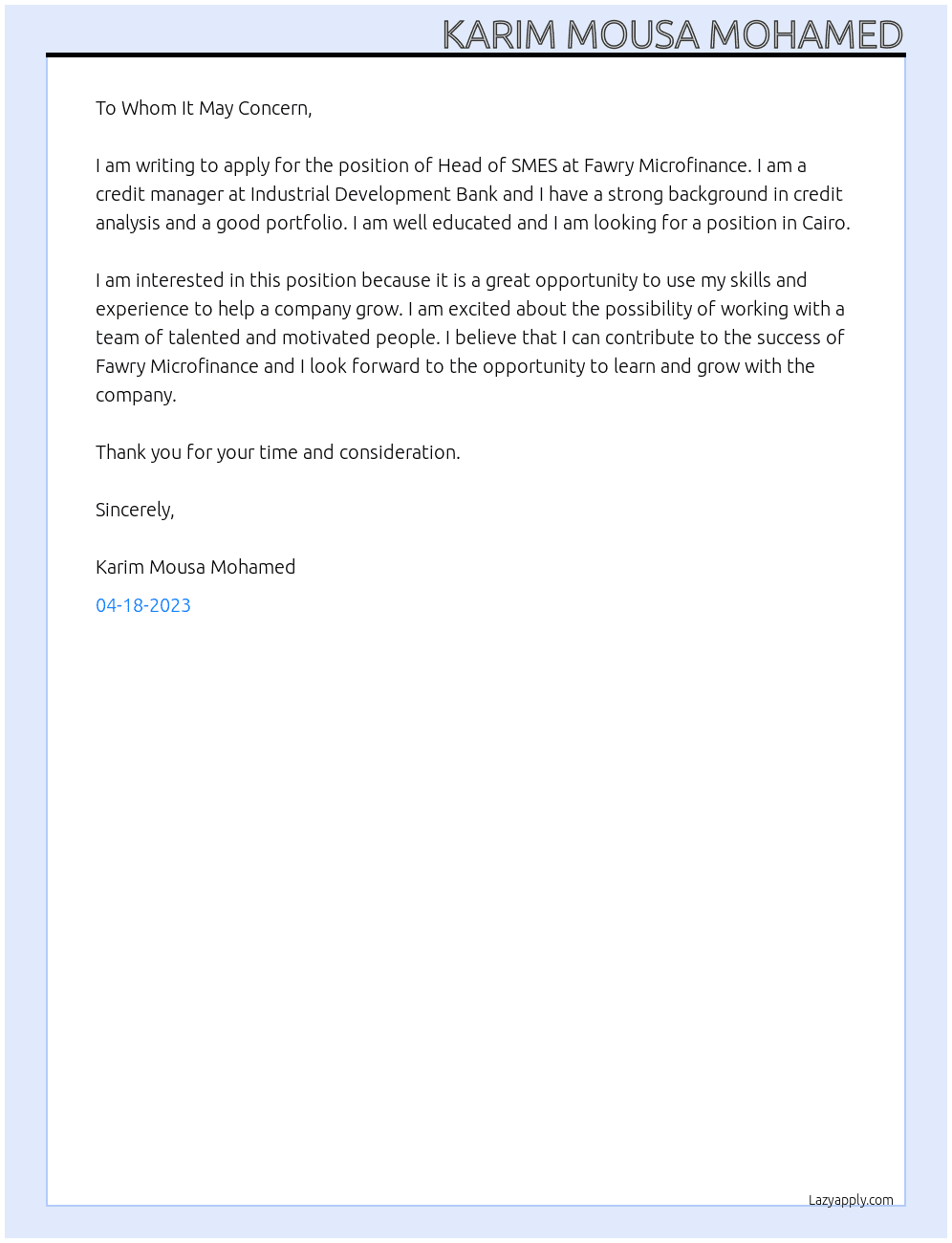 head of SMES At fawry microfinance Cover Letter