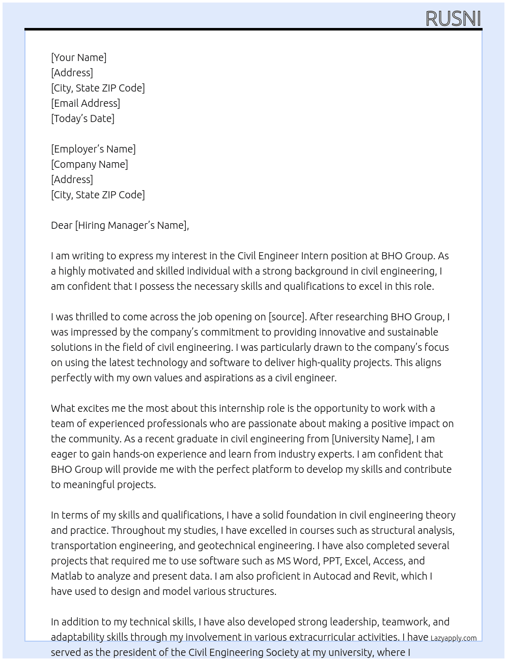 civil engineer intern At BHO Group Cover Letter