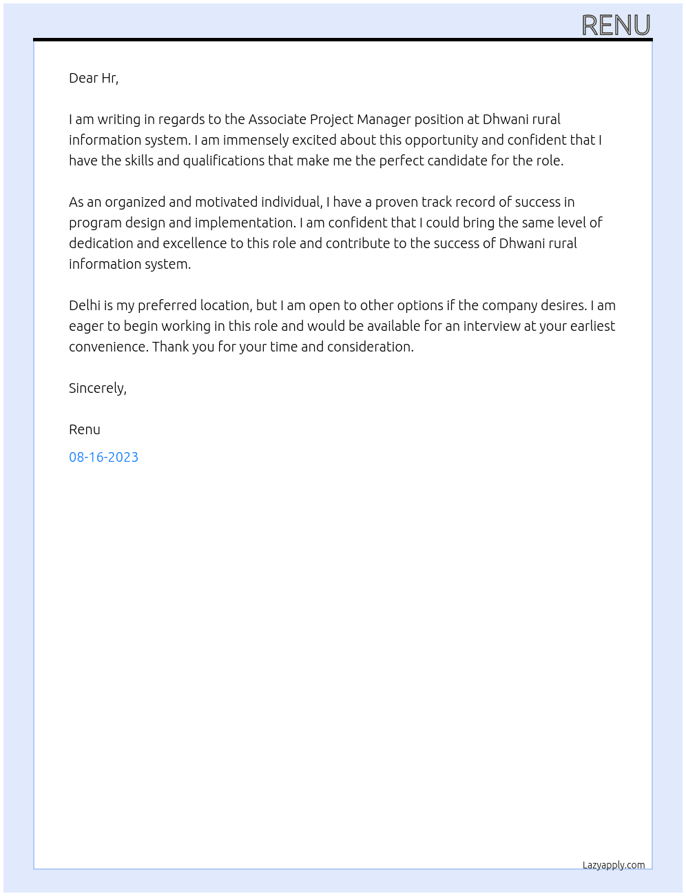Associate Project Manager At Dhwani rural information system Cover Letter