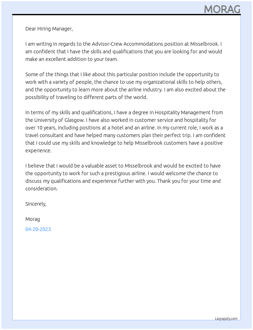 Advisor-Crew Accomodations At Misselbrook Cover Letter