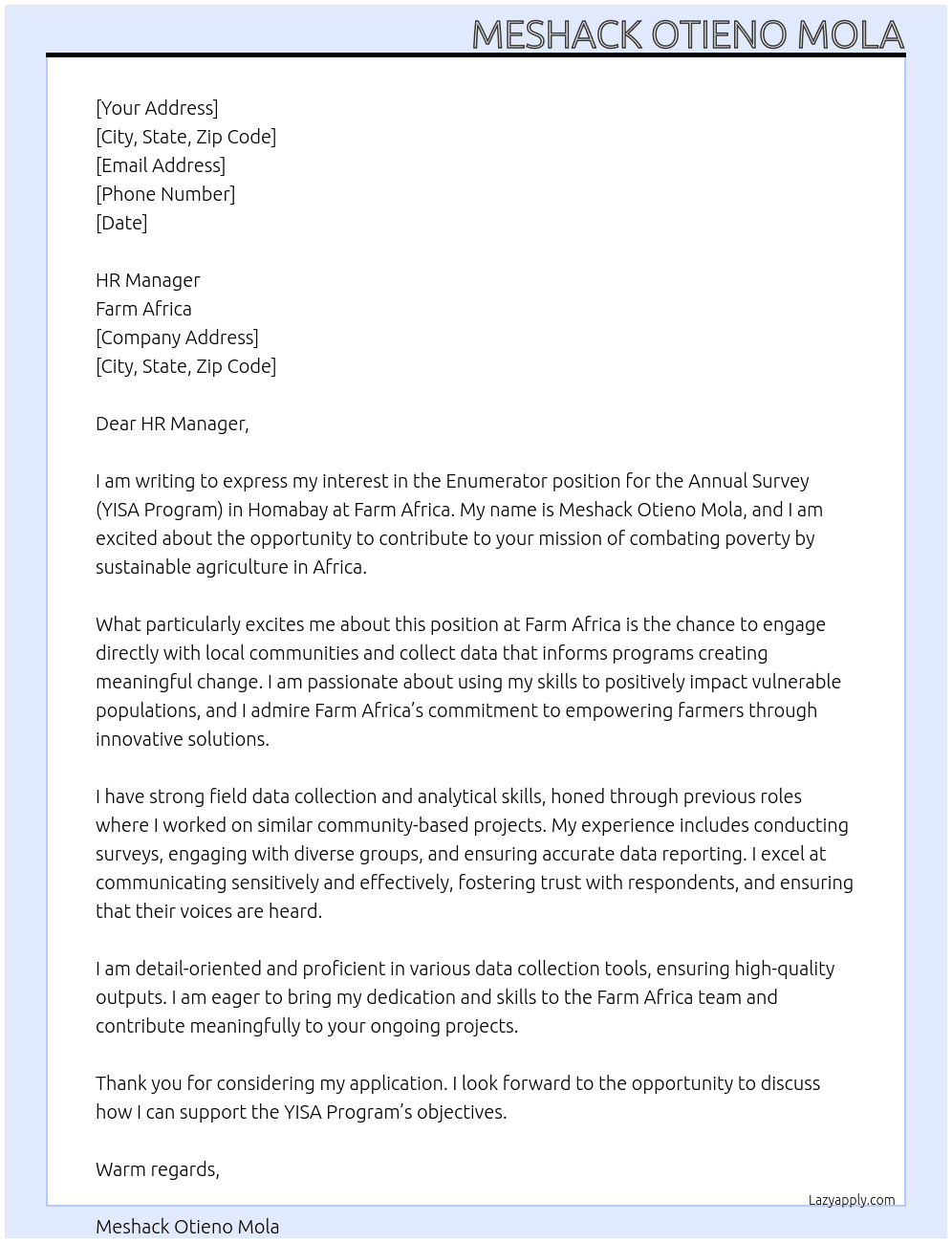 Enumerator - Annual Survey (YISA Program)- Homabay at Farm Africa At Farm Africa  Cover Letter