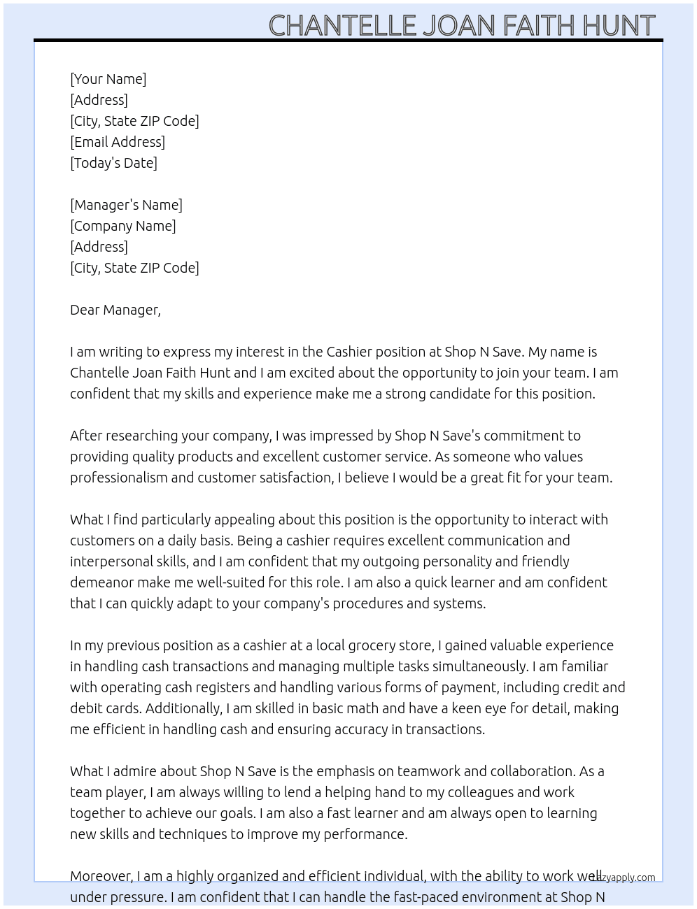 Cashier At Shop N Save  Cover Letter