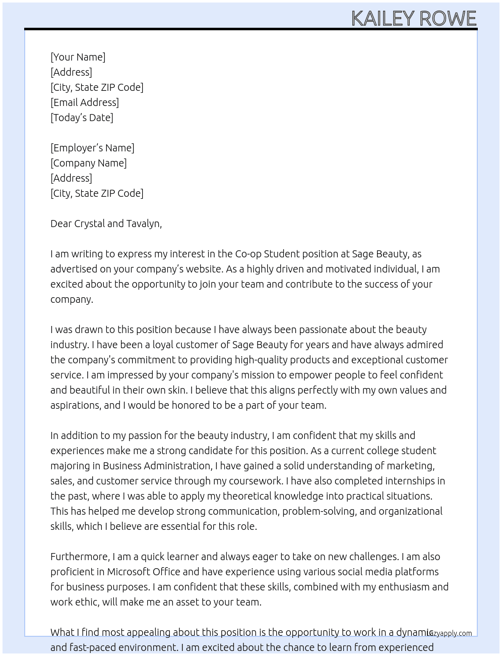 Co-op Student At Sage Beauty Cover Letter