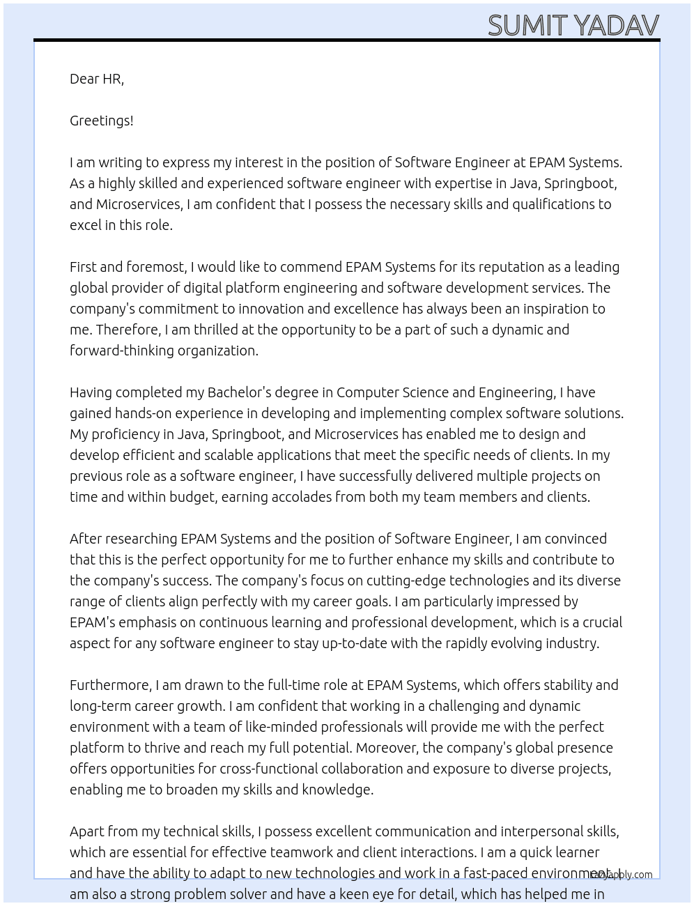 software engineer At epam system Cover Letter