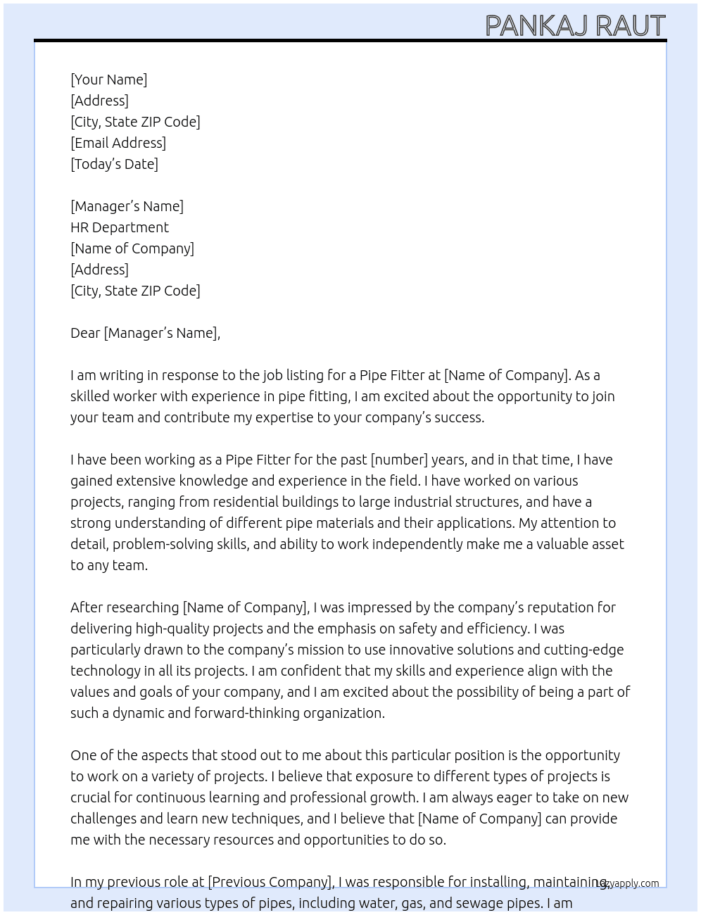 Pipe Fitter At Hr Cover Letter